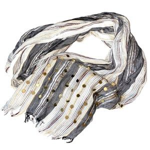 NWOT ANTHROPOLOGIE Boho Cream White Gray Stripe Gold Sequin Scarf Wrap